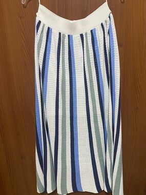 Le Lis Blanc Striped Knit Midi Long Cotton Skirt in White, Blue & Green Medium